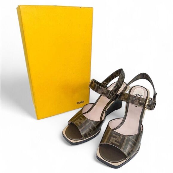 FENDI Tobacco Brown FF Zucca Logo Coated Canvas Wedge Sandals Size EU38.5 - Picture 12 of 14